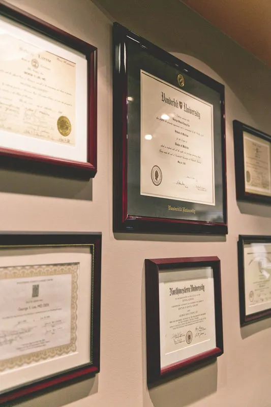 Interior photo: Framed certificates for the surgeons at Cumberland Surgical Arts Office Building in Clarksville TN