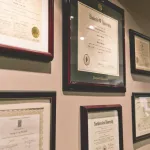 Interior photo: Framed certificates for the surgeons at Cumberland Surgical Arts Office Building in Clarksville TN